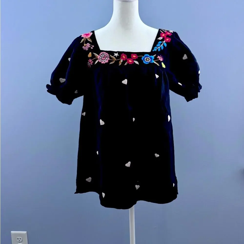 New With Tags Johnny Was Square Neck Puff Sleeve Linen Blouse XS